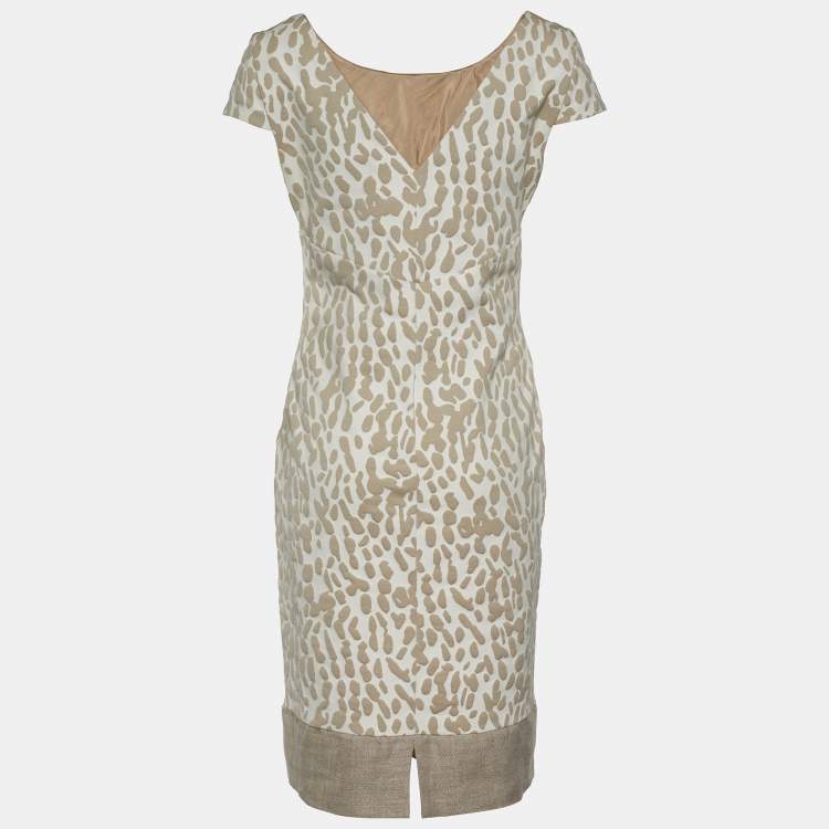 Pre Owned Max Mara Ivory & Beige Embossed Knit Sheath Dress M