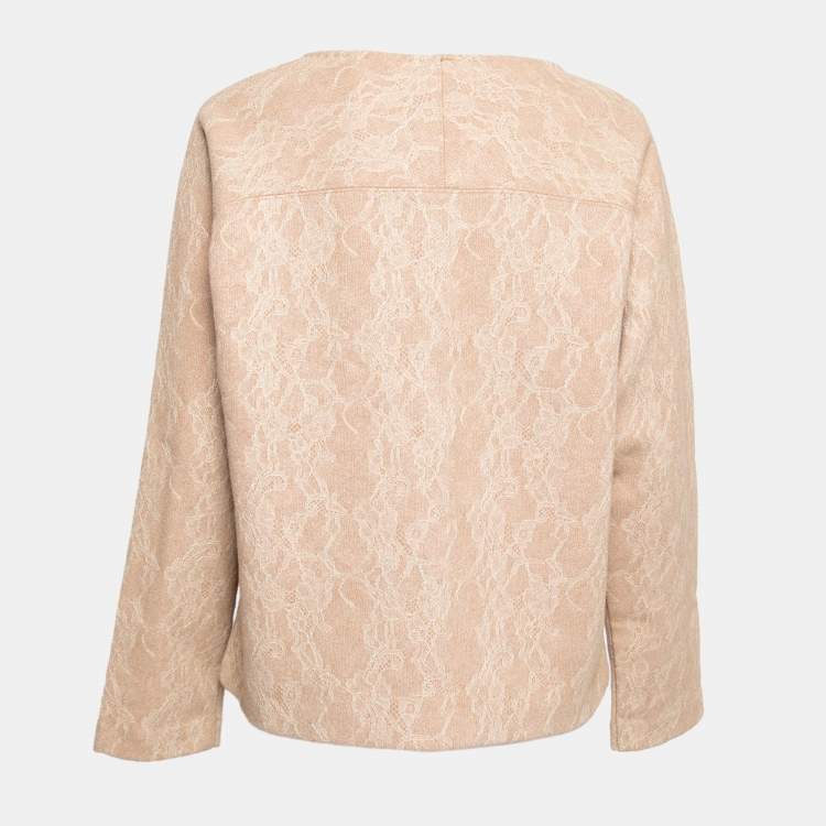 Pre Owned Max Mara Camel Brown Wool Floral Lace Raglan Sleeve Liriche Top L