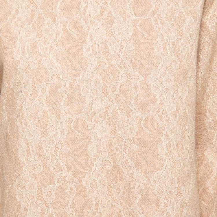 Pre Owned Max Mara Camel Brown Wool Floral Lace Raglan Sleeve Liriche Top L