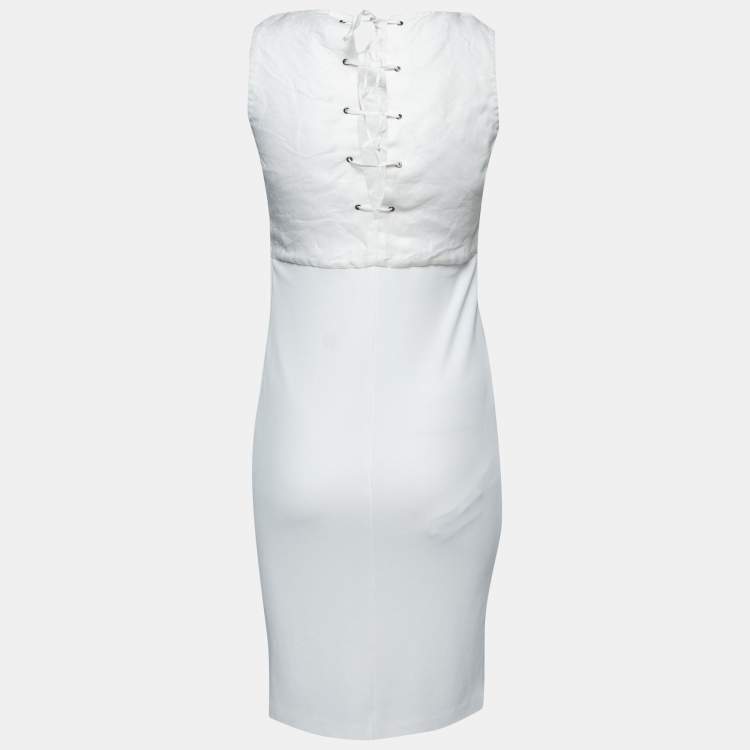 Pre Owned Max Mara White Linen & Jersey Tie-Up Detail Sleeveless Dress S