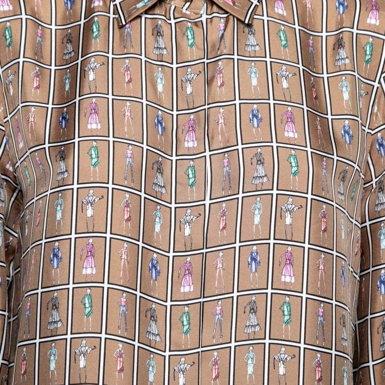 Pre Owned Max Mara Brown Camel Silk Printed Ruched Cuff Blouse M