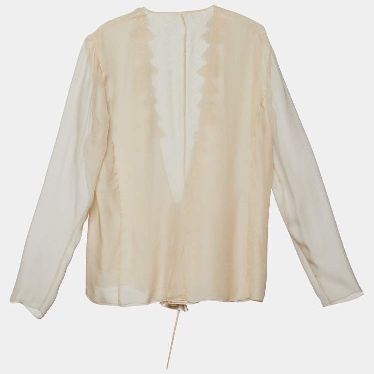 Pre Owned Max Mara Light Beige Silk Ruffle Detail Wrap Blouse L