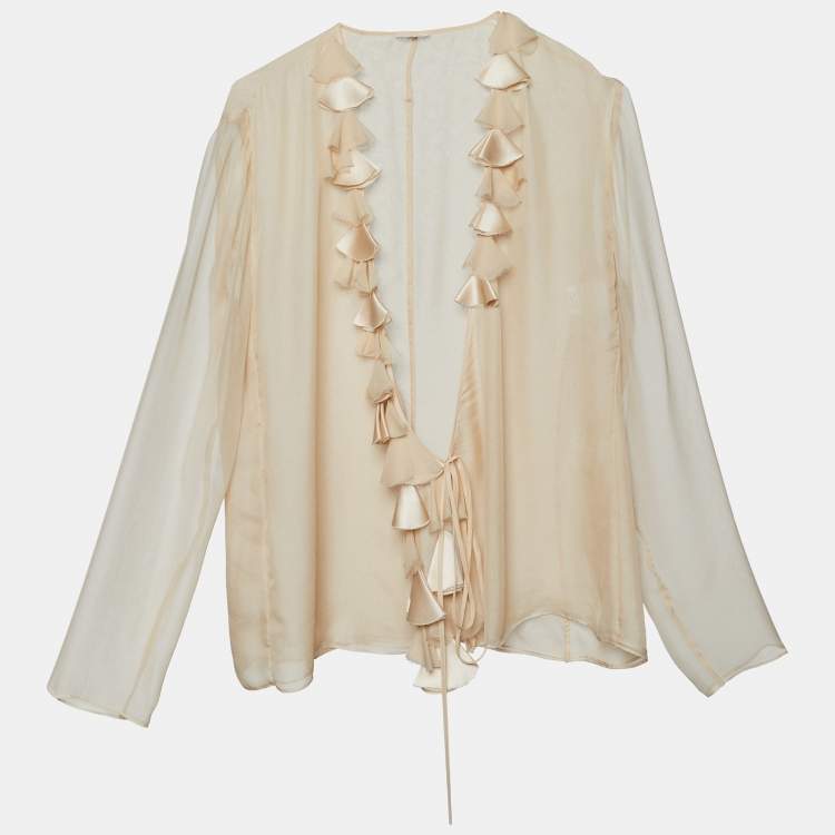 Pre Owned Max Mara Light Beige Silk Ruffle Detail Wrap Blouse L