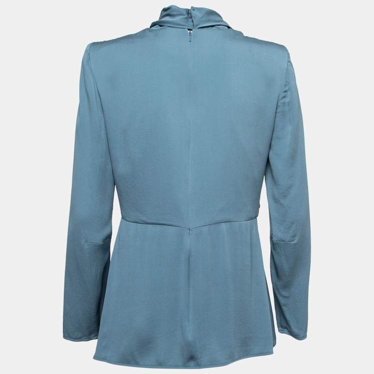 Pre Owned Max Mara Blue Silk Wrap Effect Long Sleeve Blouse M