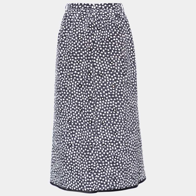 Pre Owned Max Mara Monochrome Printed Silk Stud Detail Midi Skirt M