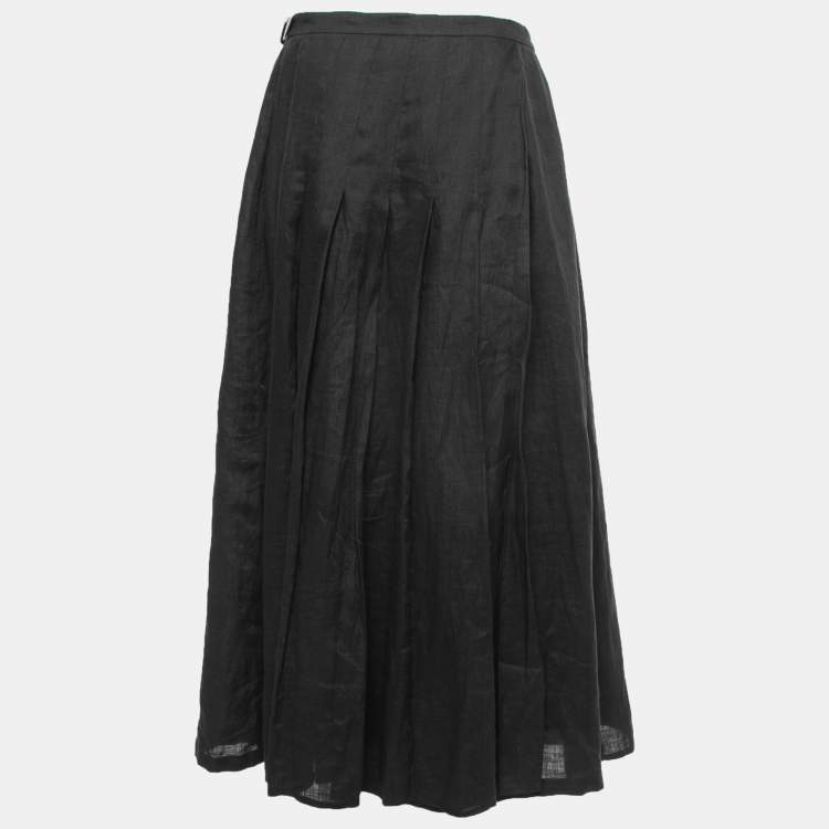 Pre Owned Max Mara Black Linen Pleated Wrap Skirt M
