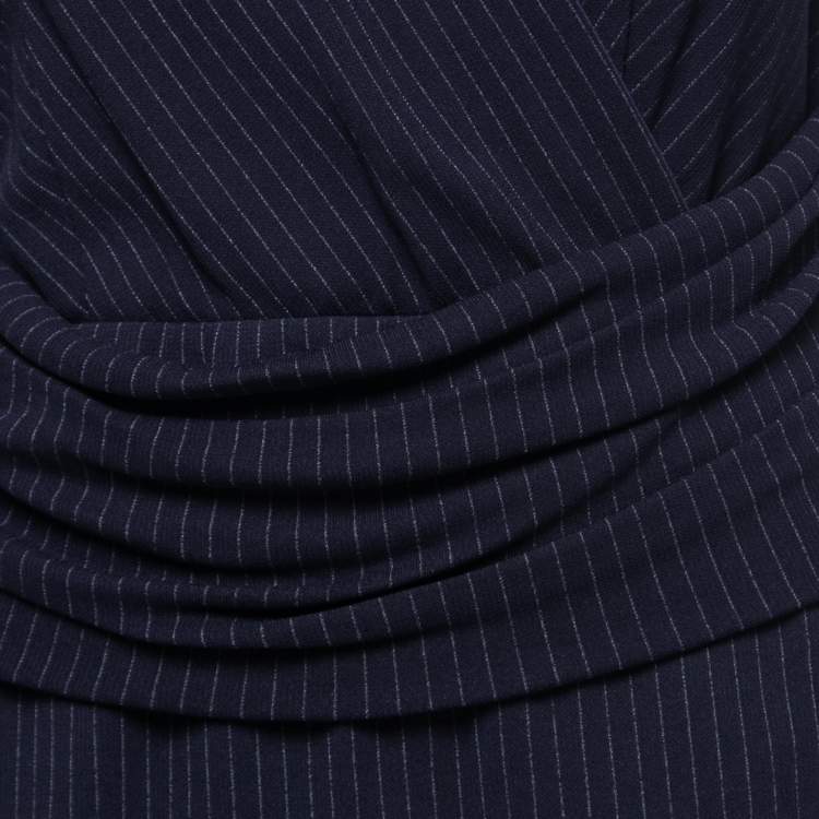 Pre Owned Max Mara Navy Blue Striped Draped Jersey & Crepe Sleeveless Midi Dress M
