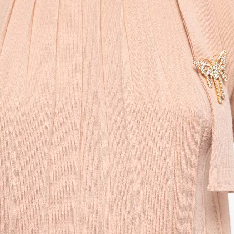 Pre Owned Max Mara Light Pink Wool Pleated Tie Neck Knit Top M