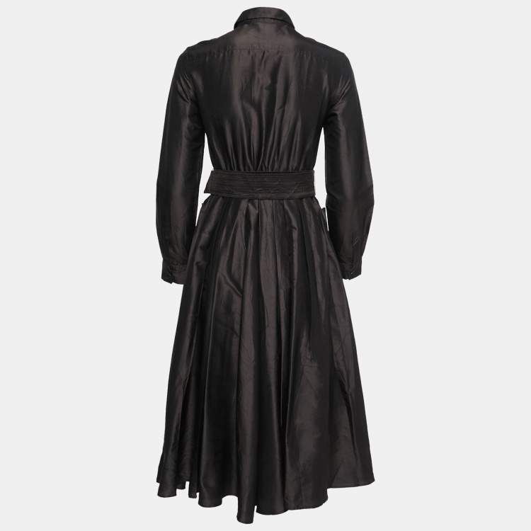 Pre Owned Max Mara Dark Brown Silk Belted Shirt Dress S