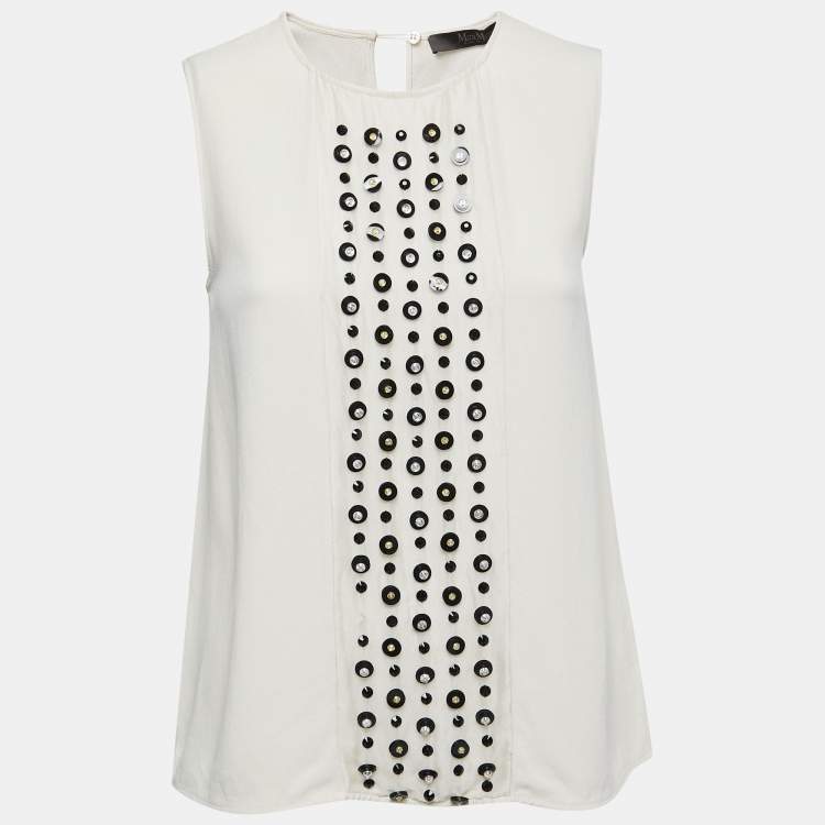 Pre Owned Max Mara Cream Embellished Crepe Sleeveless Top S