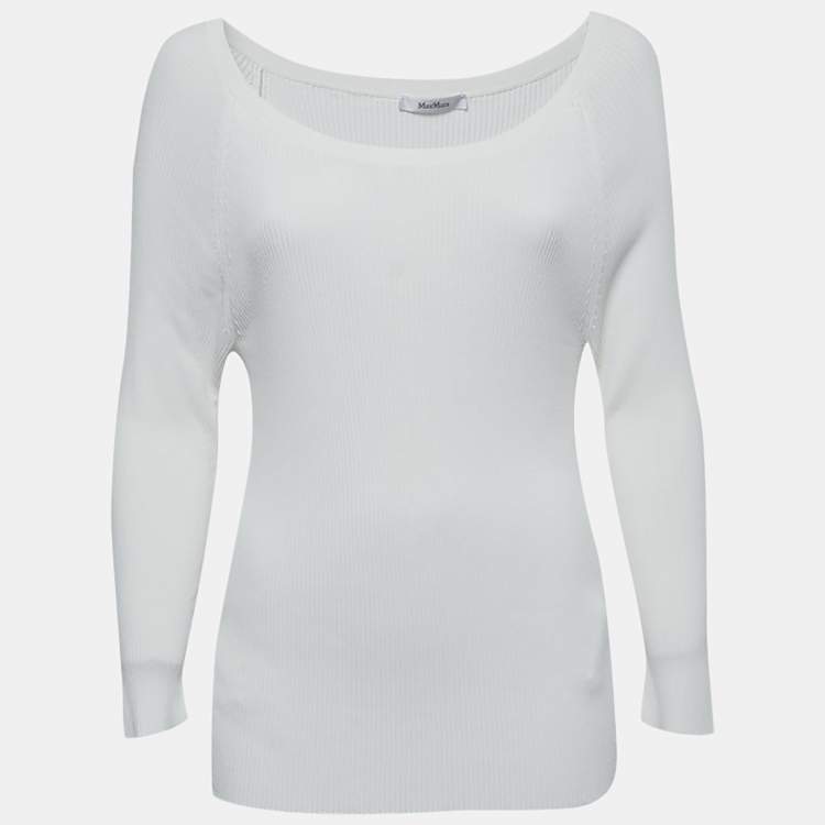 Pre Owned Max Mara White Stretch Knit Long Sleeve Top XXL