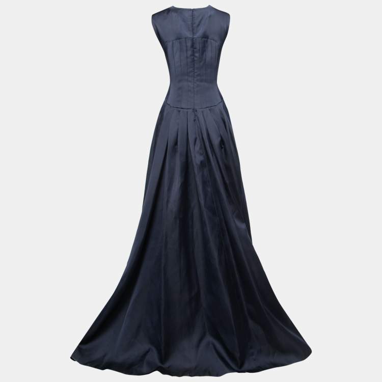 Pre Owned Max Mara Pianoforte Dark Blue Satin Sleeveless Gown XS