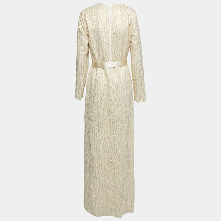 Pre Owned Max Mara Cream Lurex & Silk Long Sleeve Belted Maxi Dress M