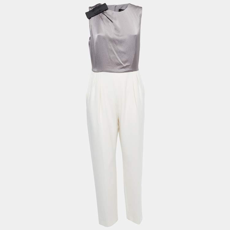 Pre Owned Max Mara Grey/Cream Silk & Crepe Bow Detailed Sleeveless Jumpsuit M