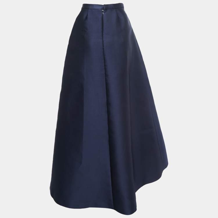 スカート MAX MARA BLUE AND BLACK SILK SKIRT Max Mara Navy Blue Silk Blend Pleated Asymmetrical Maxi