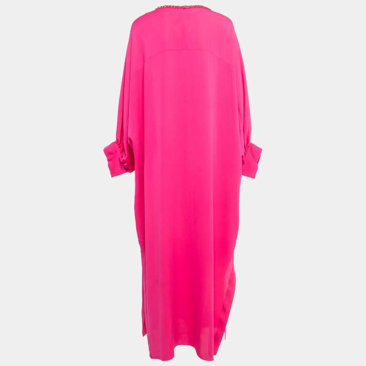 Pre Owned Max Mara Pink Silk Embellished Neck Ocroma Maxi Kaftan L