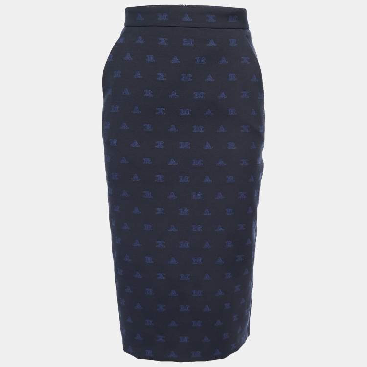 Pre Owned Max Mara Navy Blue Alphabets Patterned Cotton Blend Pencil Skirt XS