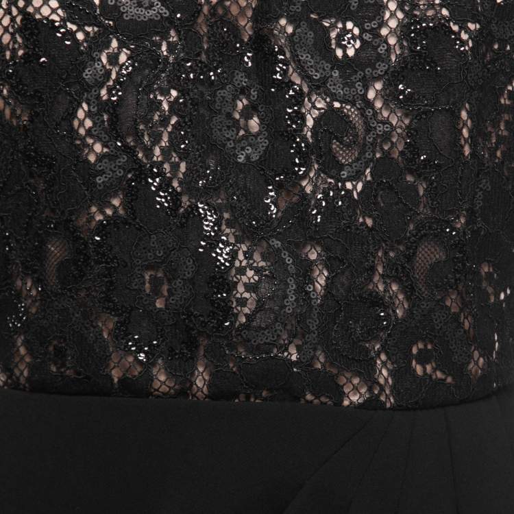 Pre Owned Max Mara Black Crepe Embellished Lace Trim Long Sleeve Draped Maxi Dress M