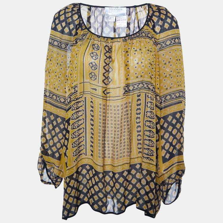 Pre Owned Max Mara Yellow Printed Silk Top M