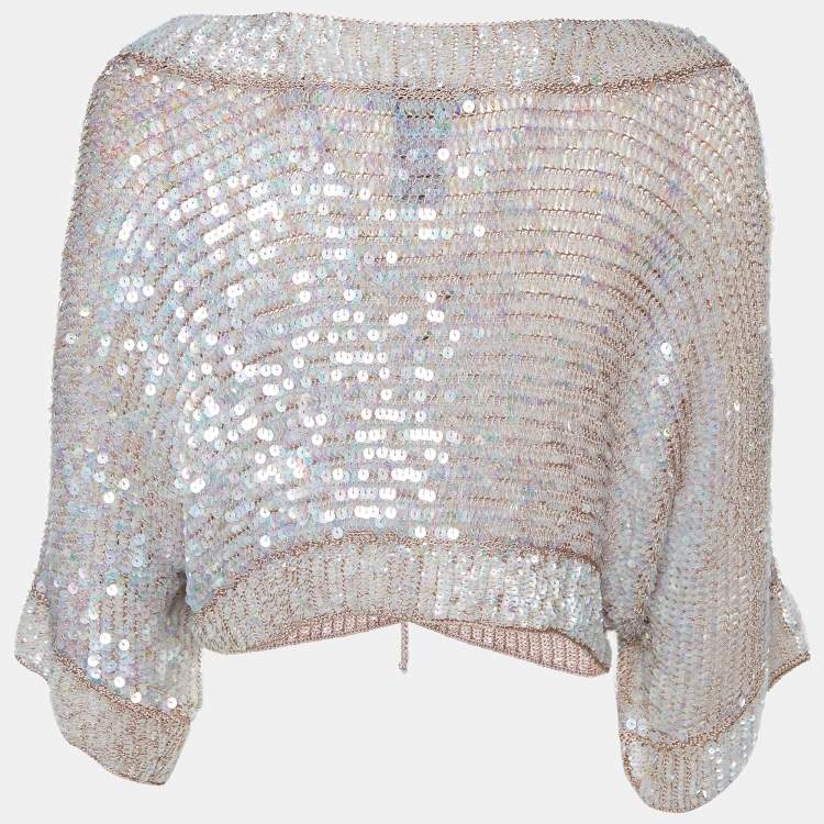 Pre Owned Max Mara Brown Sequined Knit Cropped Cardigan L