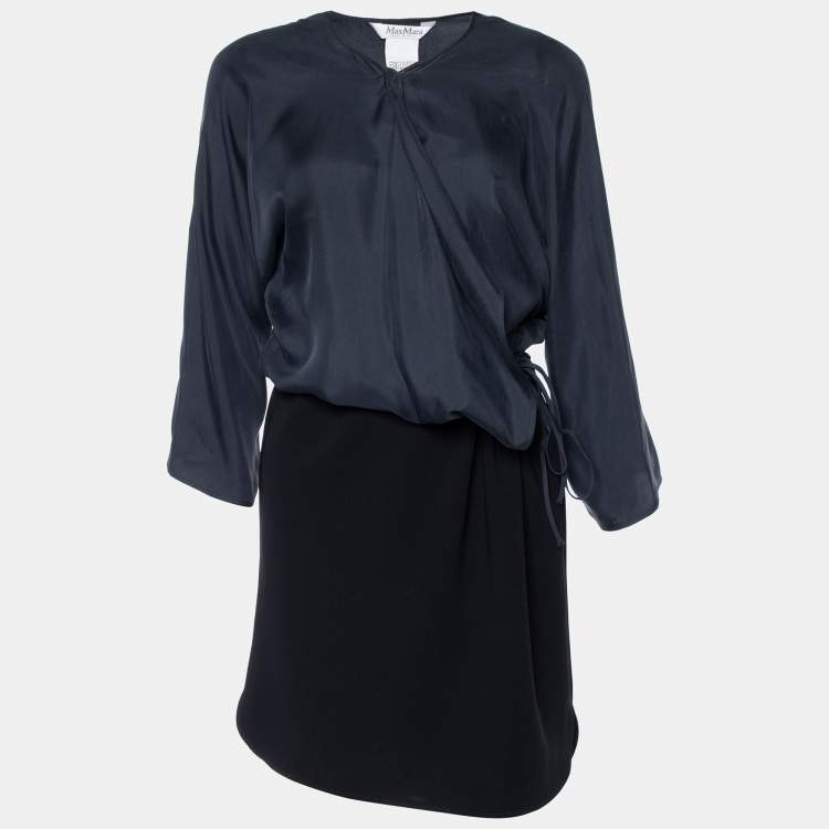 Pre Owned Max Mara Navy Blue Silk & Crepe Draped Midi Dress M