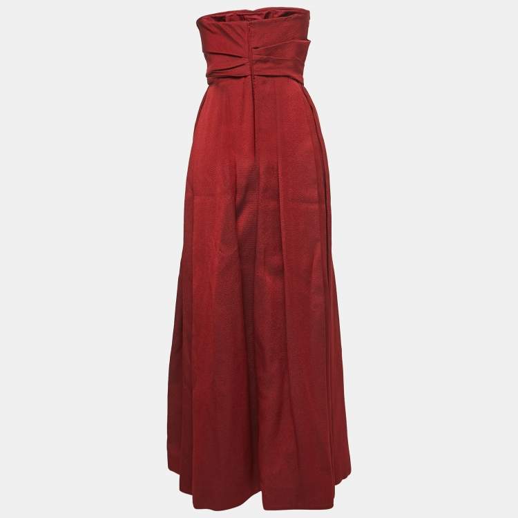 Pre Owned Max Mara Red Brocade Draped Strapless Gown XS