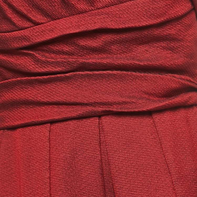 Pre Owned Max Mara Red Brocade Draped Strapless Gown XS