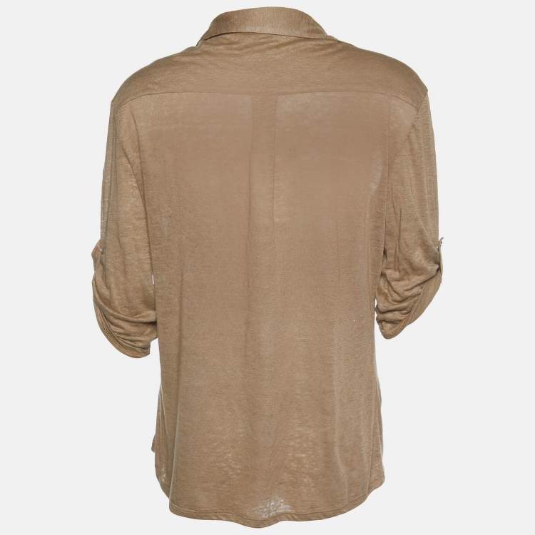 Pre Owned Max Mara Light Brown Linen Knit Collared Button Front Top M