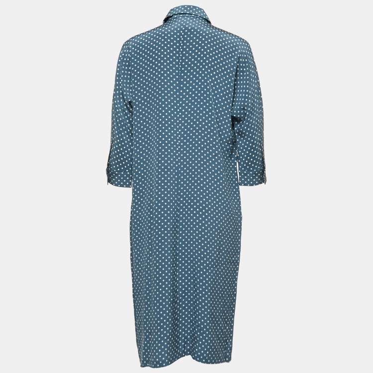 Pre Owned Max Mara Blue Polka Dotted Silk Button Front Midi Shirt Dress S