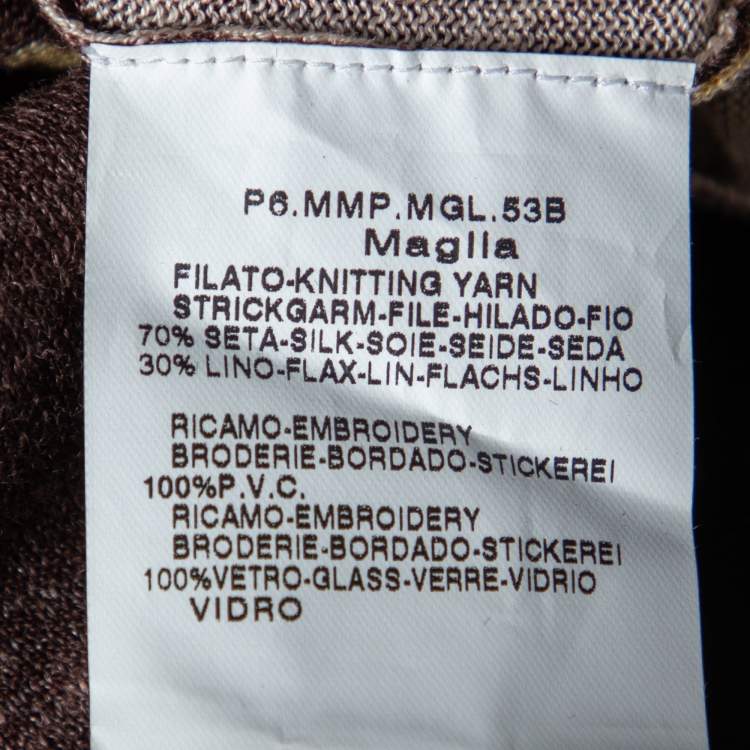 Pre Owned Max Mara Brown Floral Printed Silk & Linen Knit Embellished V-Neck Top L