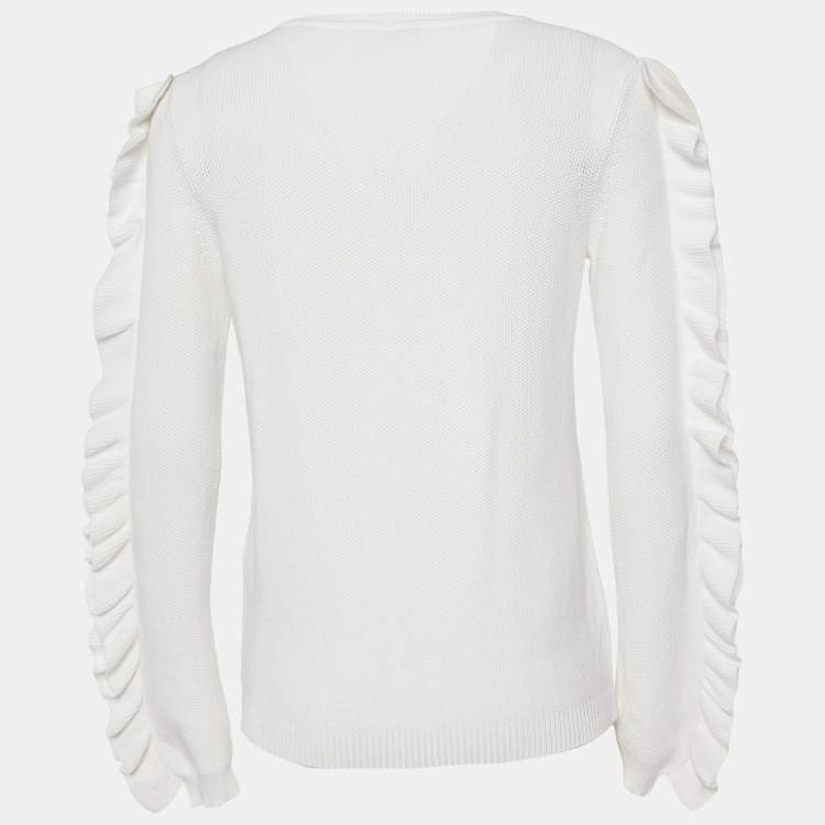 Pre Owned Max Mara White Ruffled Cotton Knit Sweater S