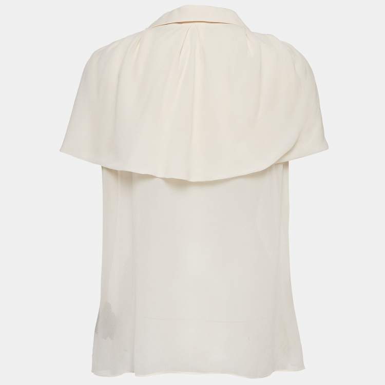 Pre Owned Max Mara Cream Silk Crepe Cape Sleeve Semi Sheer Shirt M