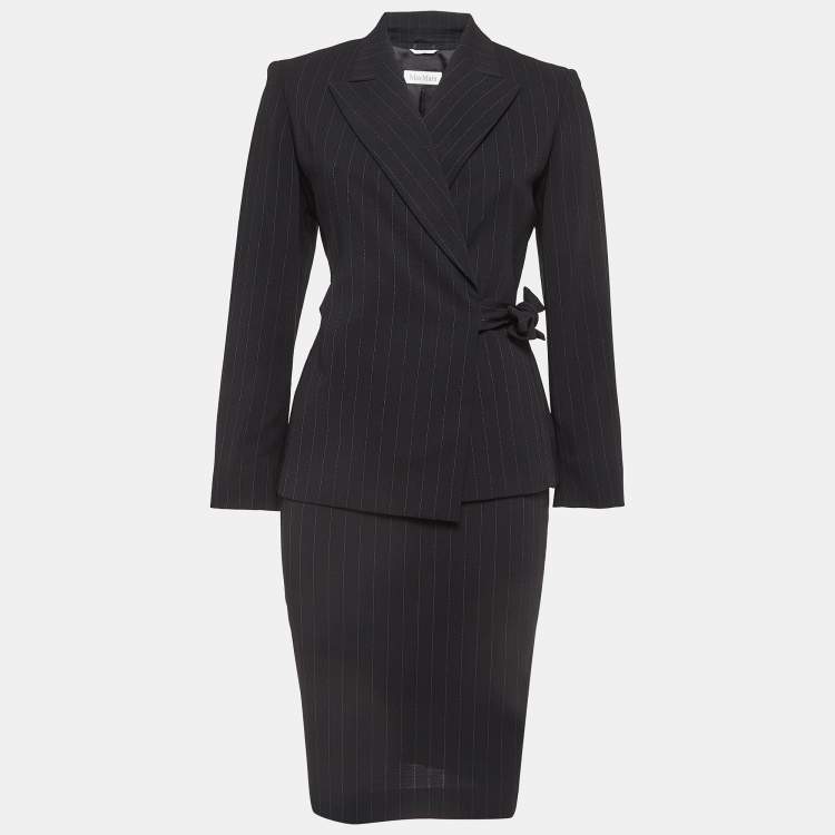 Pre Owned Max Mara Black Pinstripe Wool Wrap Blazer and Skirt Suit S