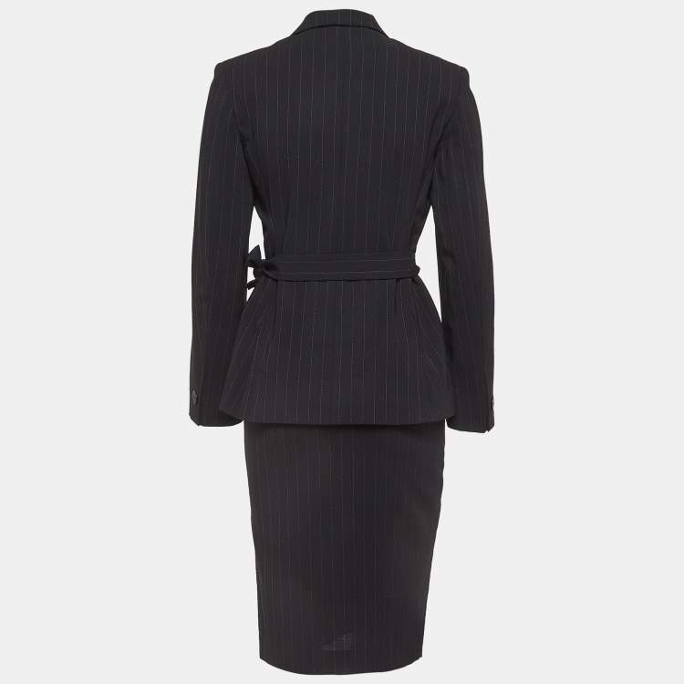 Pre Owned Max Mara Black Pinstripe Wool Wrap Blazer and Skirt Suit S