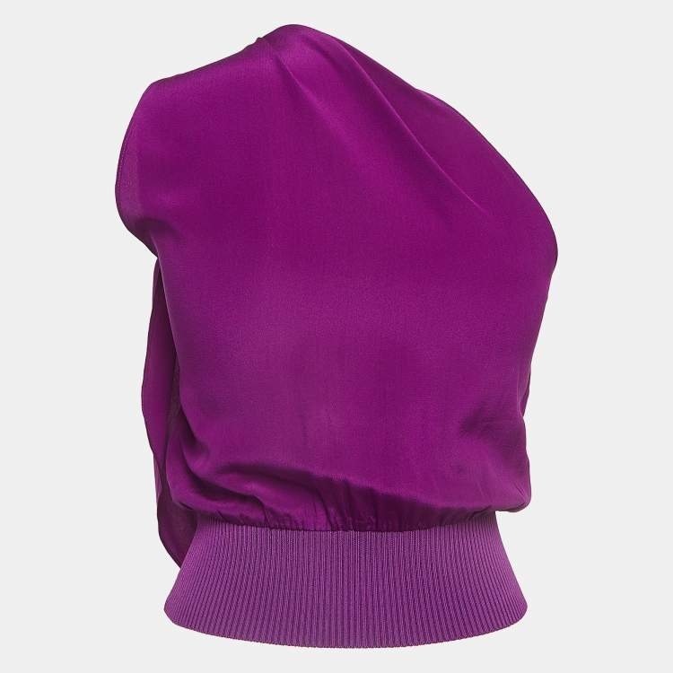 Pre Owned Max Mara Purple Silk and Rib Knit One shoulder Tie-Up Crop Top S