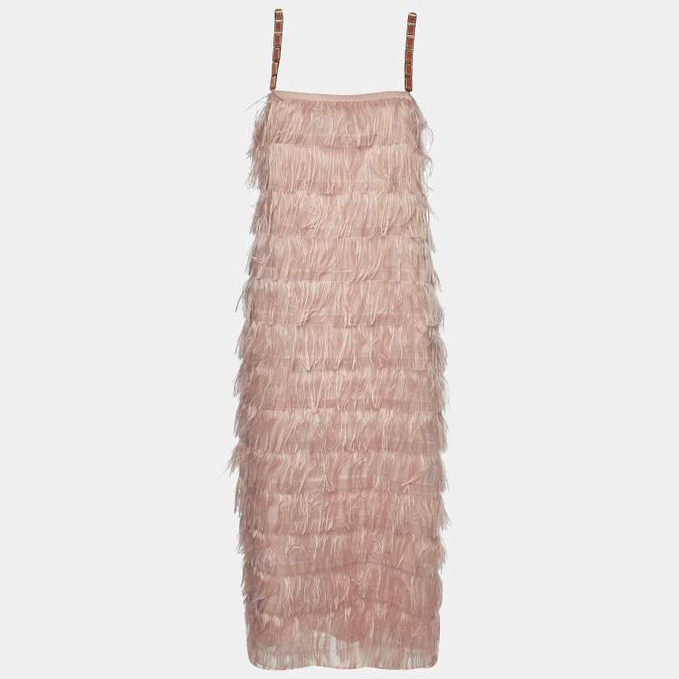 Pre Owned Max Mara Pink Synthetic Feather Tiered Midi Dress M