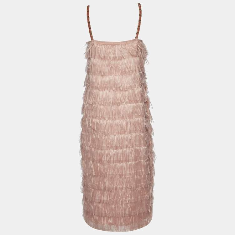 Pre Owned Max Mara Pink Synthetic Feather Tiered Midi Dress M