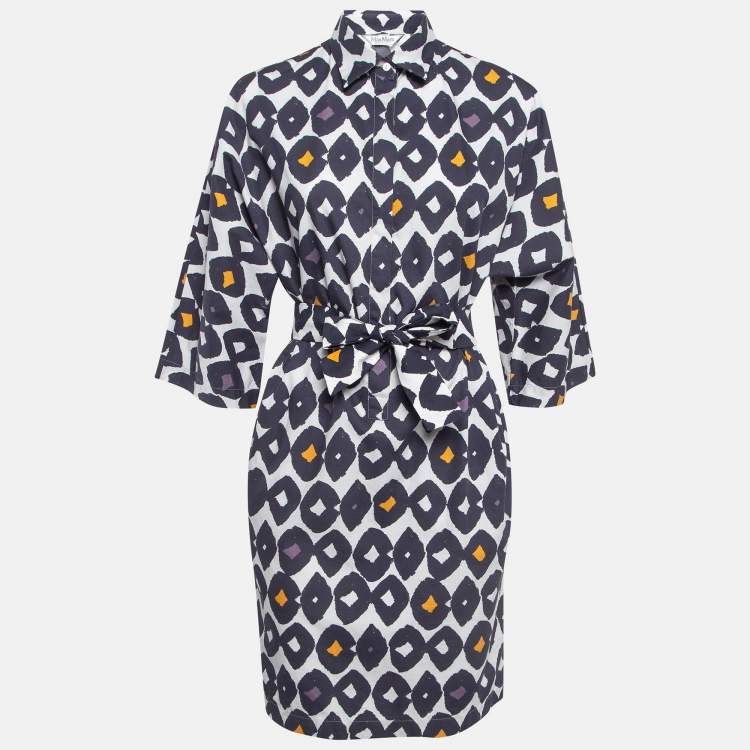 Pre Owned Max Mara Blue Printed Poplin Belted Short Dress M