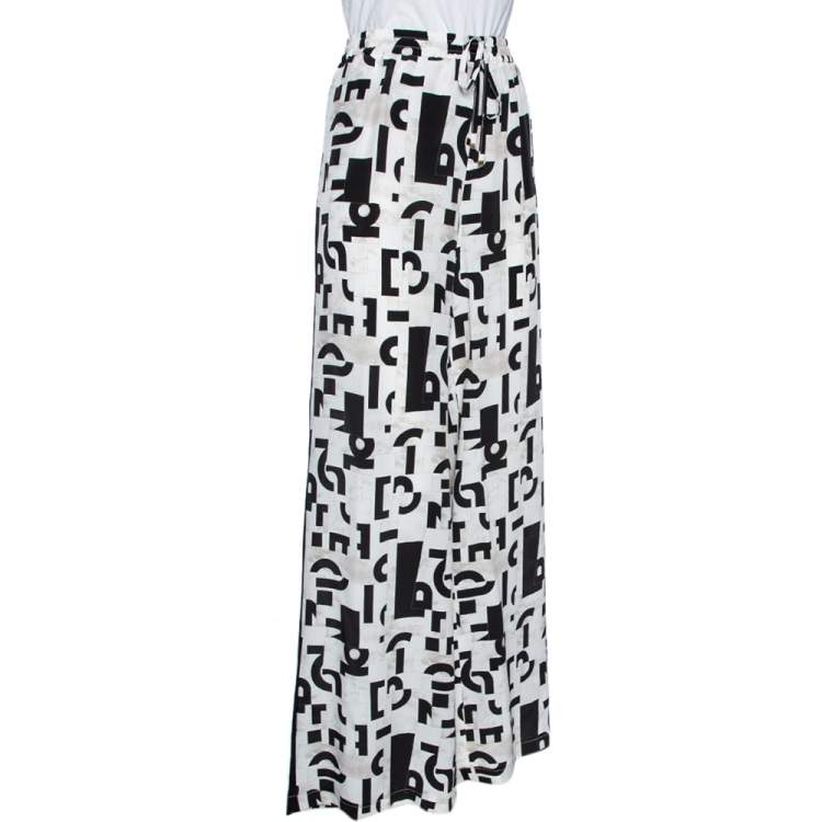 Pre Owned Max Mara Studio Monochrome Silk Elasticized Waist Wide Leg Pants L