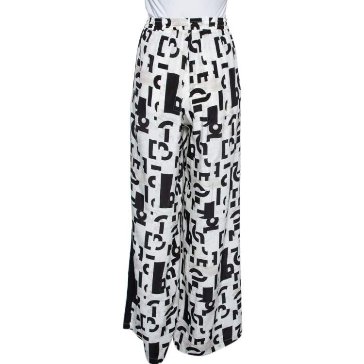 Pre Owned Max Mara Studio Monochrome Silk Elasticized Waist Wide Leg Pants L