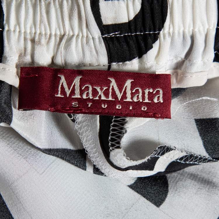 Pre Owned Max Mara Studio Monochrome Silk Elasticized Waist Wide Leg Pants L
