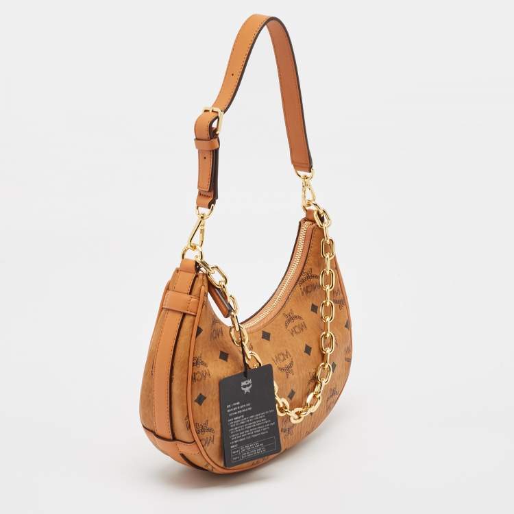Pre Owned MCM Cognac Visetos Coated Canvas and Leather Small Aren Crescent Hobo