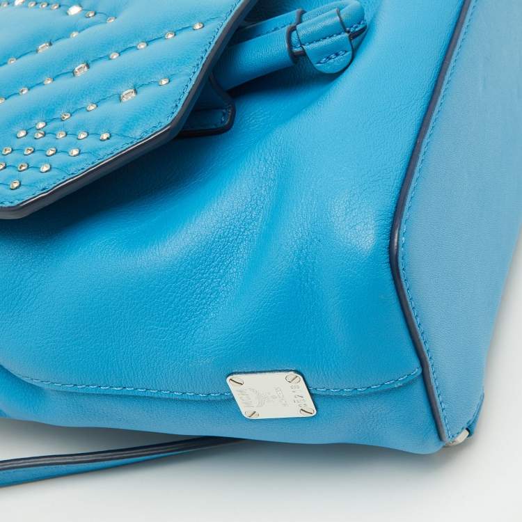 Pre Owned MCM Blue Leather Diamond Disco Studded Mini Backpack