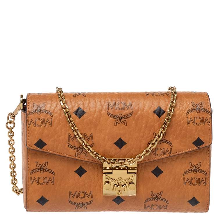 Authentic MCM Cognac Visetos Leather Coated Canvas Shoulder Bag W/ Lock &  Keys 