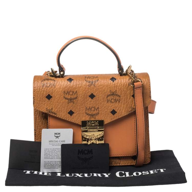 Pre Owned MCM Cognac Visetos Coated Canvas and Leather Patricia Top Handle Bag