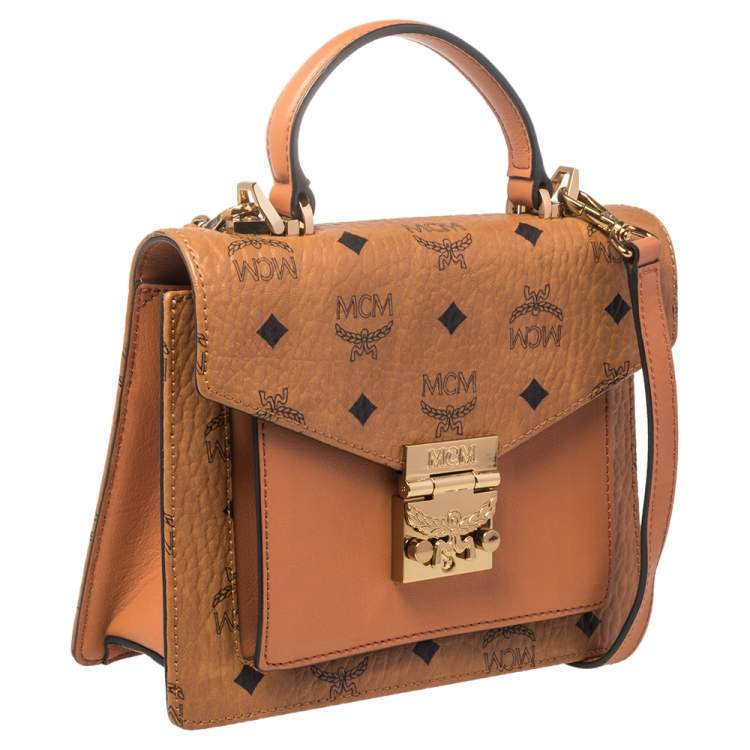 Pre Owned MCM Cognac Visetos Coated Canvas and Leather Patricia Top Handle Bag