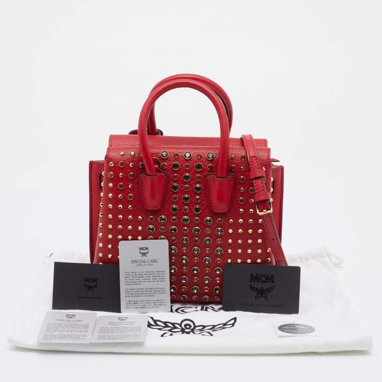 Pre Owned MCM Red Leather Crystal Embellished Milla Satchel