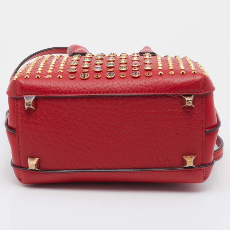 Pre Owned MCM Red Leather Crystal Embellished Milla Satchel