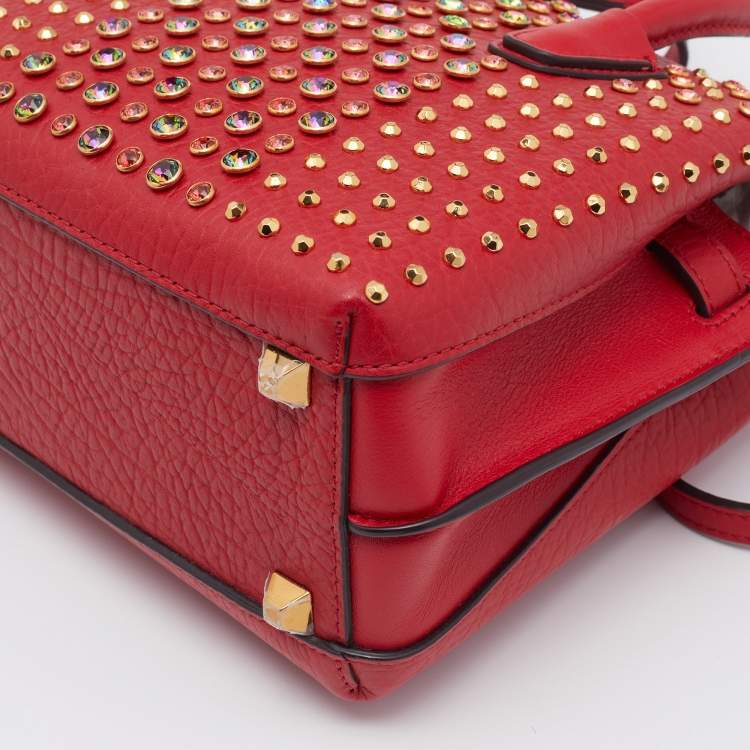 Pre Owned MCM Red Leather Crystal Embellished Milla Satchel