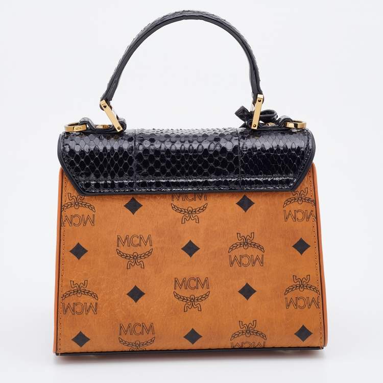 Pre Owned MCM Tan/Black Visetos Coated Canvas and Watersnake Mini Heritage Top Handle Bag